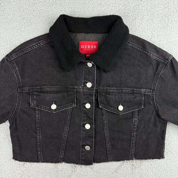 Guess Jacket Womens Small S Black Denim Colbie Sherpa Collar Cutoff Cropped Jean - Picture 2 of 10